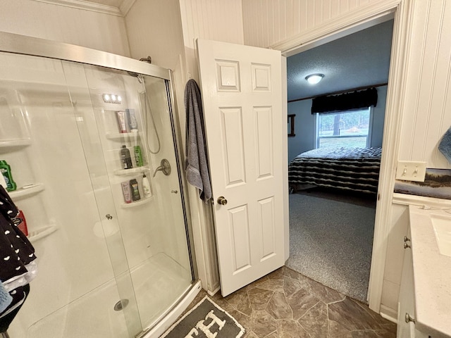 3313 Pleasant View Dr, Lewiston, MI 49756 - ensuite bathroom with a stall shower, marble look tile flooring, and crown molding