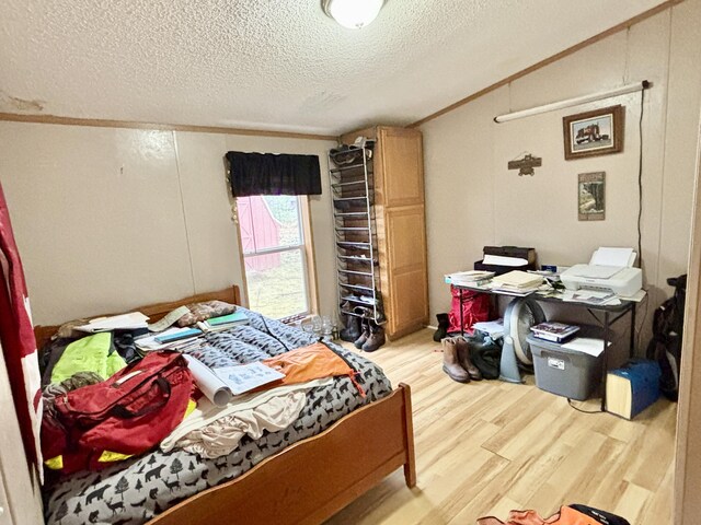 3313 Pleasant View Dr, Lewiston, MI 49756 - bedroom with light wood-style floors, a textured ceiling, and vaulted ceiling