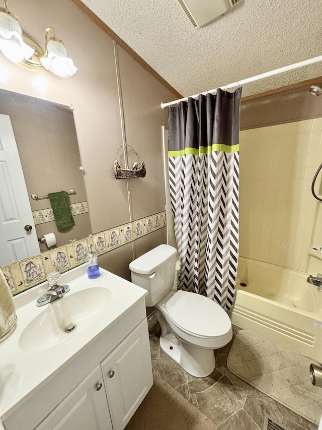 3313 Pleasant View Dr, Lewiston, MI 49756 - full bath featuring shower / bath combo with shower curtain, vanity, and a textured ceiling
