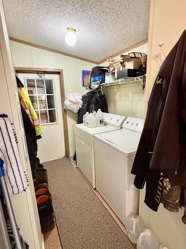 3313 Pleasant View Dr, Lewiston, MI 49756 - laundry room with washer and dryer, crown molding, a textured ceiling, and carpet flooring