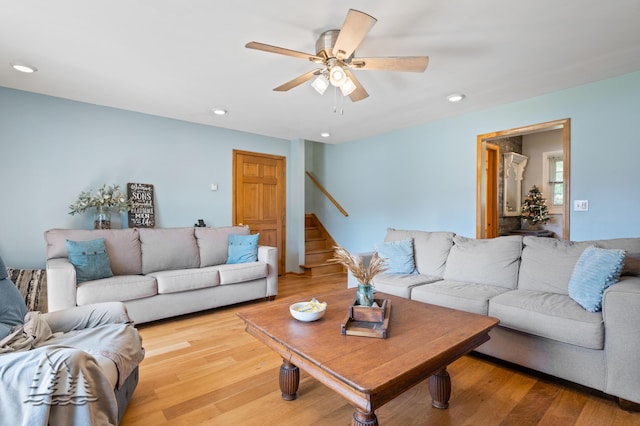 3897 S Mielke Way Rd, Lewiston, MI 49756 - living area featuring recessed lighting, a ceiling fan, stairs, and light wood-style floors