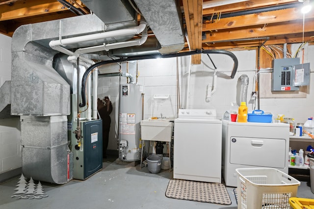 3897 S Mielke Way Rd, Lewiston, MI 49756 - unfinished below grade area featuring washing machine and clothes dryer, a sink, gas water heater, heating unit, and electric panel