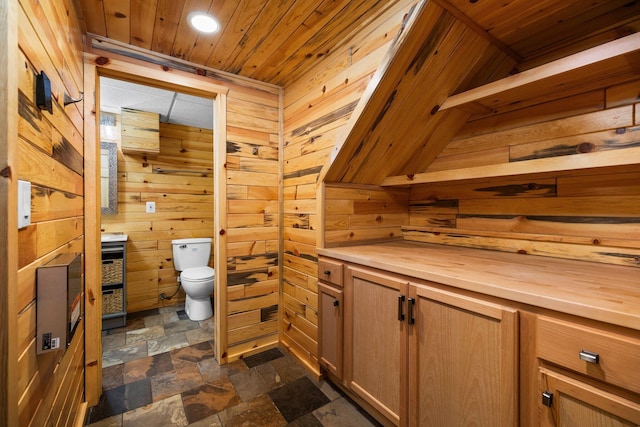 1350 Pine Point Dr, Lewiston, MI 49756 - bathroom with toilet, wood walls, wood ceiling, and stone finish flooring