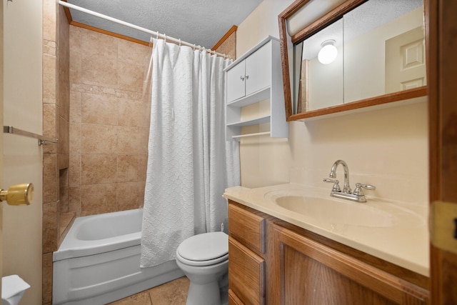 4441 Judy Ave, Lewiston, MI 49756 - bathroom with toilet, shower / bath combo with shower curtain, vanity, tile patterned flooring, and a textured ceiling