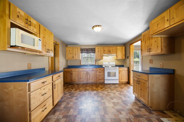 4441 Judy Ave, Lewiston, MI 49756 - kitchen with white appliances, under cabinet range hood, plenty of natural light, and dark countertops
