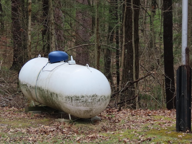 exterior details with heating fuel and a forest view