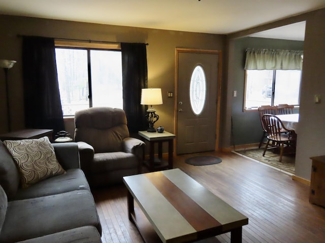 living room with baseboards, plenty of natural light, and hardwood / wood-style floors