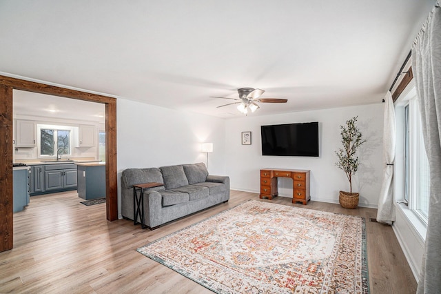 living room with baseboards, ceiling fan, light wood-type flooring, and a wealth of natural light