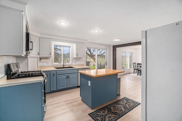 kitchen featuring wooden counters, light wood-type flooring, a sink, blue cabinetry, and stainless steel appliances
