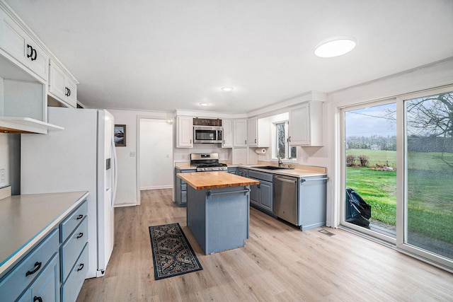 kitchen featuring white cabinets, appliances with stainless steel finishes, a sink, light wood finished floors, and wood counters