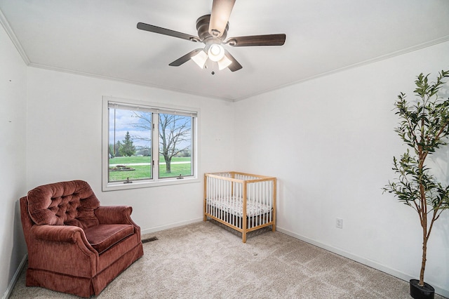 carpeted bedroom with a ceiling fan, baseboards, and visible vents