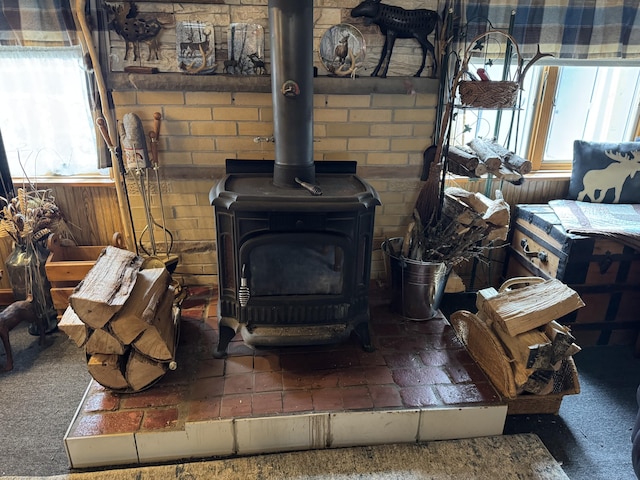room details featuring carpet floors, a wood stove, and wood walls