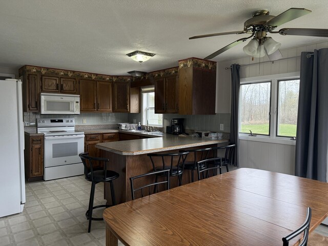 1393 Mackinaw Ave, Cheboygan, MI 49721 - kitchen featuring a sink, white appliances, a peninsula, a ceiling fan, and light floors