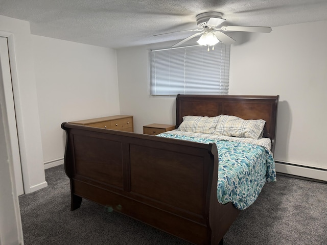1393 Mackinaw Ave, Cheboygan, MI 49721 - carpeted bedroom featuring a baseboard radiator, a textured ceiling, and a ceiling fan