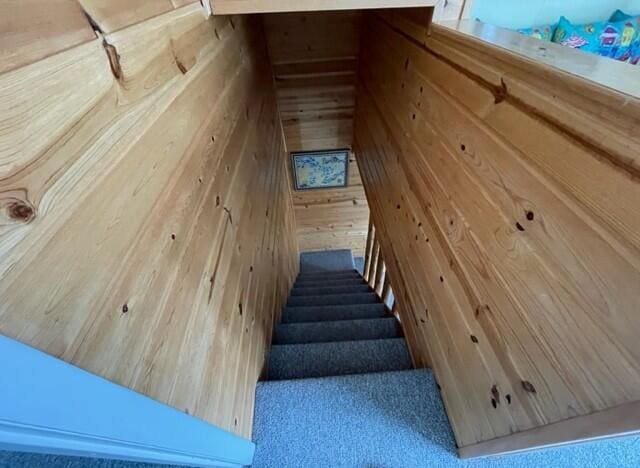 staircase with wooden walls