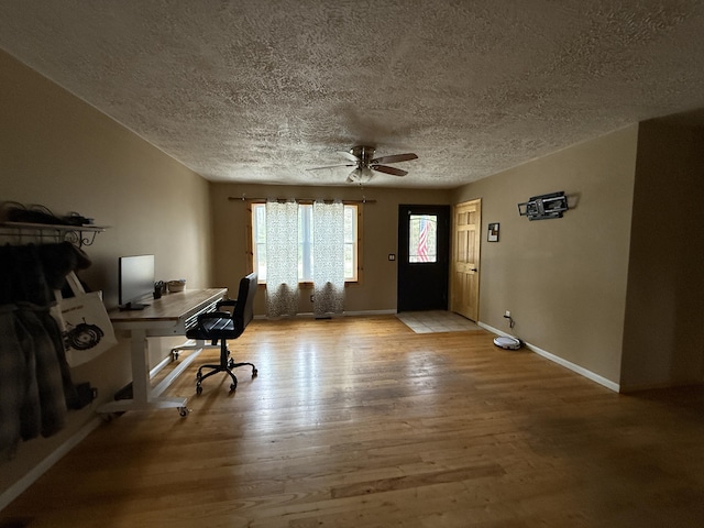 3140 Kitchen Rd, Cheboygan, MI 49721 - home office featuring light wood finished floors, a textured ceiling, and ceiling fan