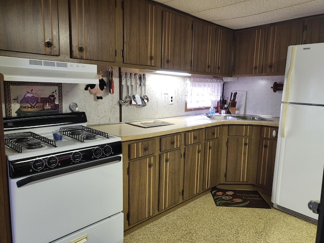 10675 N Shady Ln, Irons, MI 49644 - kitchen featuring under cabinet range hood, a sink, freestanding refrigerator, range with gas stovetop, and light countertops