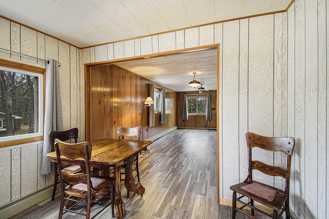 dining space with hardwood / wood-style floors, baseboard heating, and wood walls