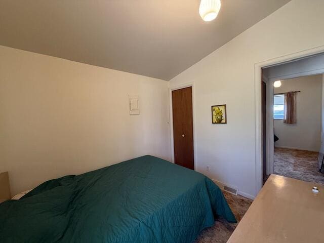 bedroom featuring carpet floors, vaulted ceiling, and a closet