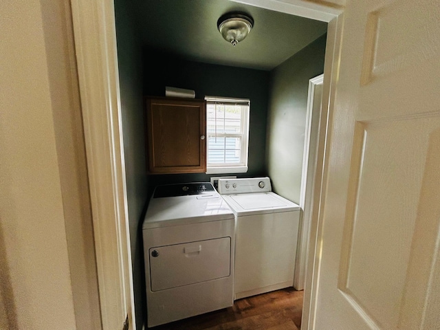 laundry room featuring laundry area, dark wood-type flooring, and washer and clothes dryer