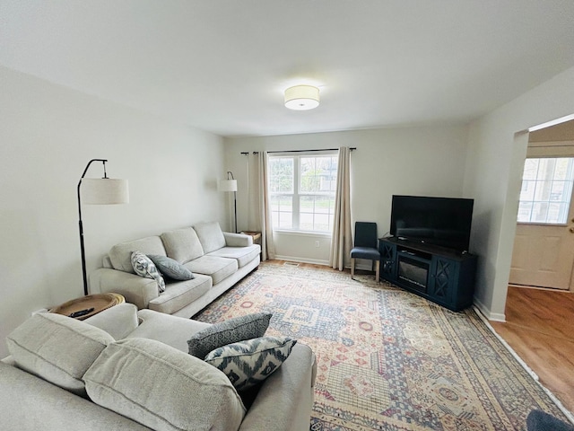 living room with baseboards and wood finished floors