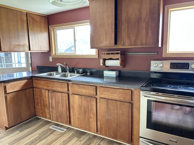 kitchen with a sink, dark countertops, visible vents, and electric stove