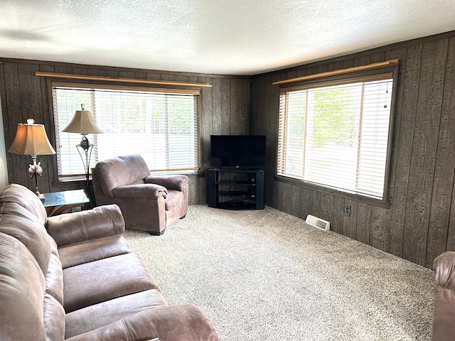 living area featuring wooden walls, carpet, and plenty of natural light