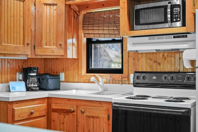 135 Alpena Trl, Houghton Lake, MI 48629 - kitchen with electric range oven, stainless steel microwave, under cabinet range hood, a sink, and light countertops