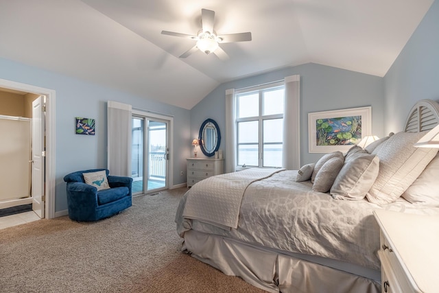 bedroom featuring access to exterior, vaulted ceiling, light carpet, a ceiling fan, and baseboards