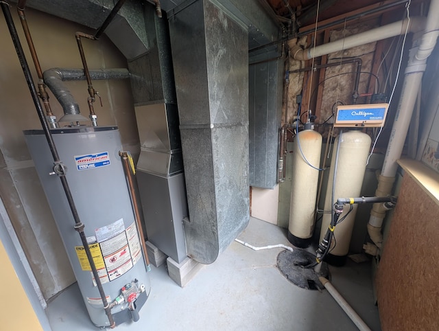 utility room with gas water heater and heating unit