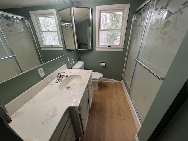 bathroom with a stall shower, plenty of natural light, toilet, and vanity