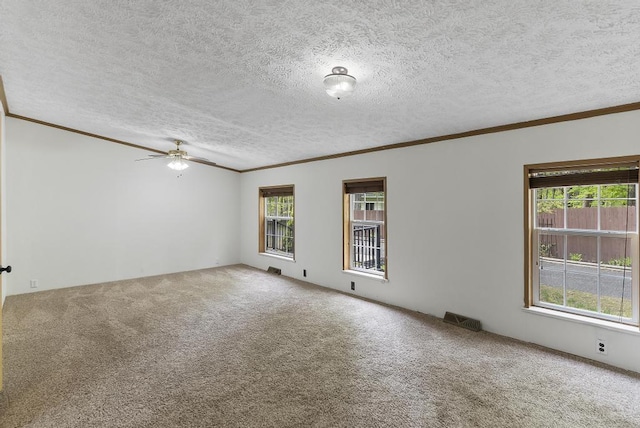 1505 Shawnee Dr, Indian River, MI 49749 - empty room with a ceiling fan, carpet, crown molding, plenty of natural light, and a textured ceiling