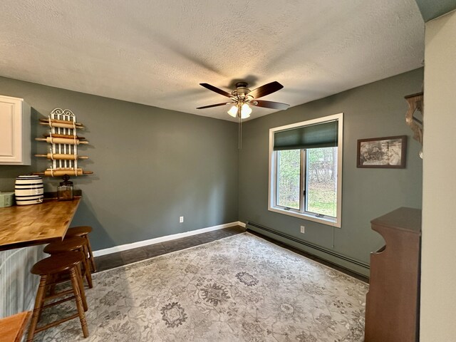 1243 Euclid Ave, Grayling, MI 49738 - unfurnished dining area featuring a baseboard radiator, baseboards, ceiling fan, and a textured ceiling
