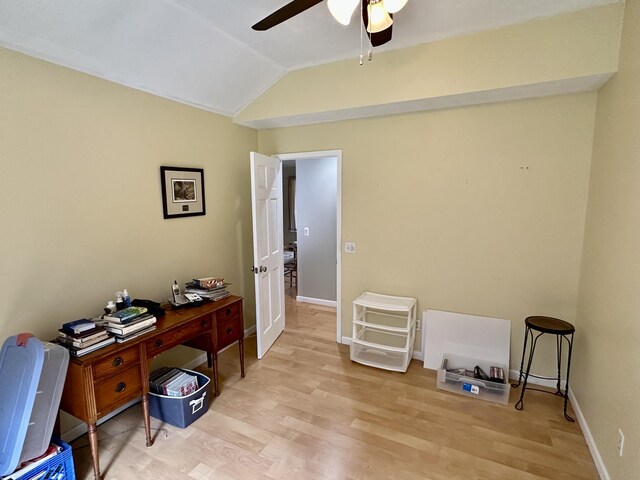 1243 Euclid Ave, Grayling, MI 49738 - office featuring ceiling fan, lofted ceiling, light wood-type flooring, and baseboards