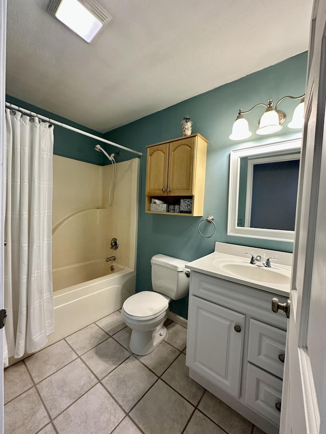 1243 Euclid Ave, Grayling, MI 49738 - full bathroom with tile patterned flooring, toilet, vanity, a textured ceiling, and shower / bathtub combination with curtain