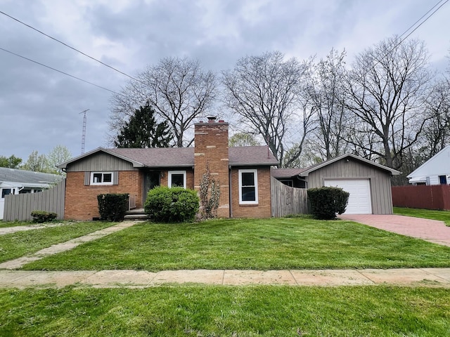 ranch-style home with brick siding, a chimney, a shingled roof, and driveway