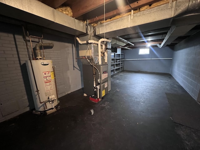 basement featuring water heater and heating unit