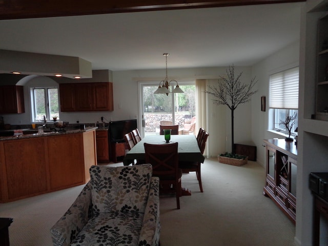 dining space with light colored carpet