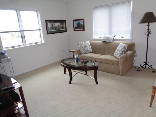 living area with carpet and baseboards