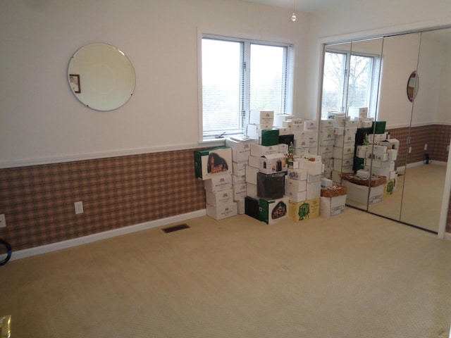miscellaneous room with wainscoting and carpet floors