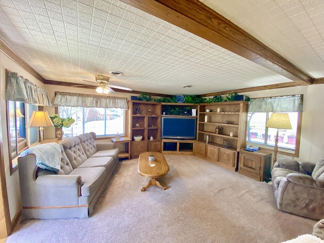 10328 Toohy Trl, Harrison, MI 48625 - living area featuring carpet flooring, crown molding, a ceiling fan, and built in features
