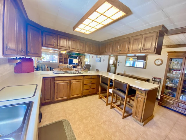 10328 Toohy Trl, Harrison, MI 48625 - kitchen featuring a peninsula, light countertops, brown cabinets, a sink, and light tile patterned flooring