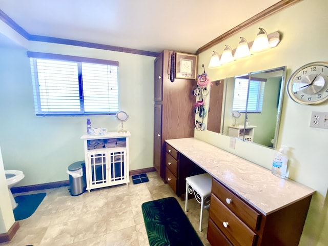10328 Toohy Trl, Harrison, MI 48625 - bathroom featuring baseboards, vanity, ornamental molding, and toilet