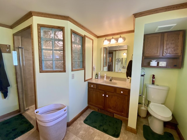 10328 Toohy Trl, Harrison, MI 48625 - full bath featuring a stall shower, baseboards, vanity, toilet, and crown molding