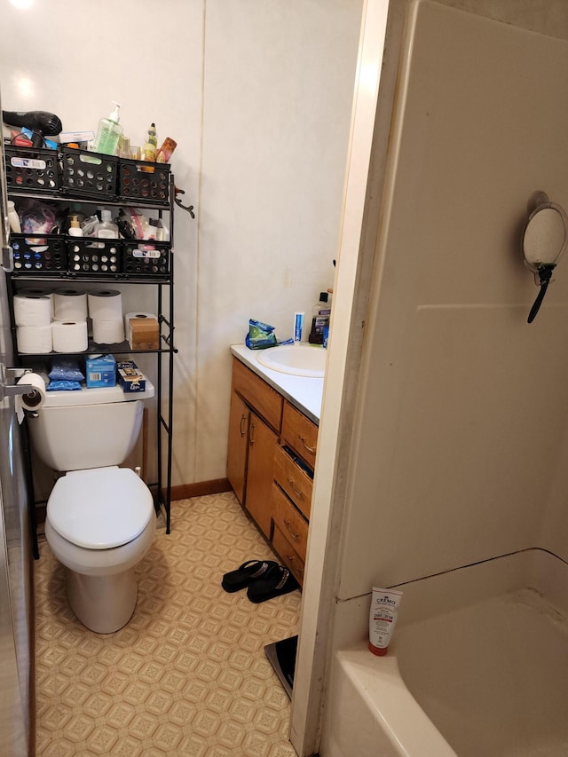full bath featuring toilet, tile patterned floors, vanity, a bath, and a shower