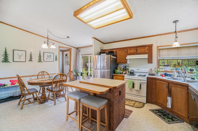 8978 Starvation Lake Rd, Mancelona, MI 49659 - kitchen featuring stainless steel appliances, under cabinet range hood, light floors, crown molding, and healthy amount of natural light