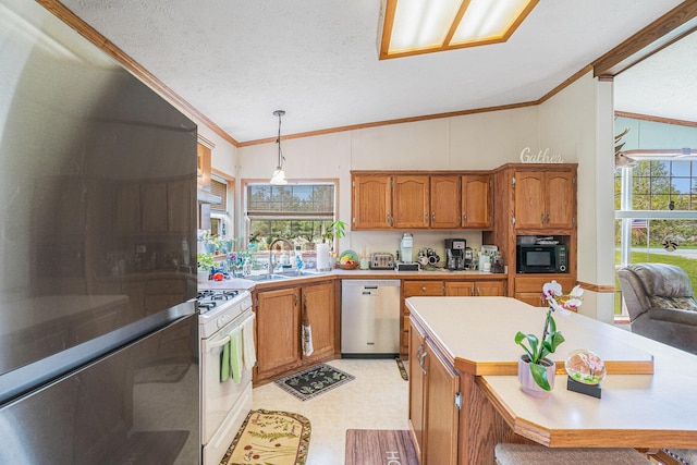 8978 Starvation Lake Rd, Mancelona, MI 49659 - kitchen with stainless steel appliances, ornamental molding, a sink, lofted ceiling, and light countertops