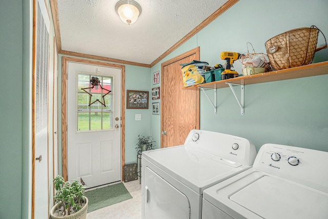 8978 Starvation Lake Rd, Mancelona, MI 49659 - laundry area featuring independent washer and dryer, a textured ceiling, and crown molding