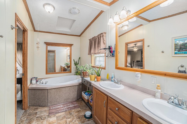 8978 Starvation Lake Rd, Mancelona, MI 49659 - bathroom featuring a bath, stone finish flooring, double vanity, ornamental molding, and ensuite bath