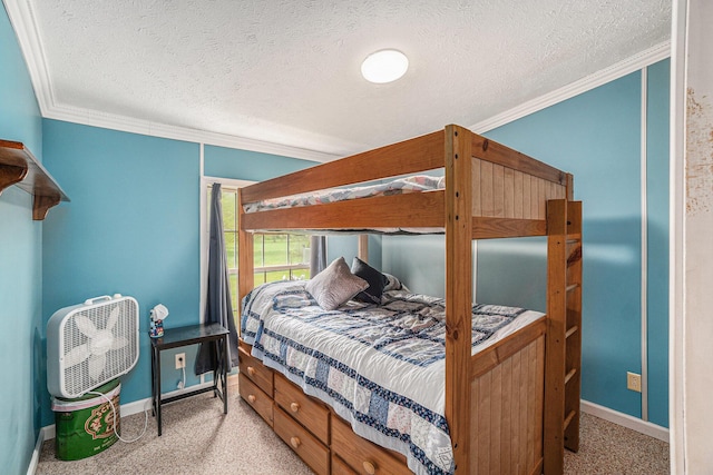 8978 Starvation Lake Rd, Mancelona, MI 49659 - bedroom with ornamental molding, a textured ceiling, baseboards, and light colored carpet